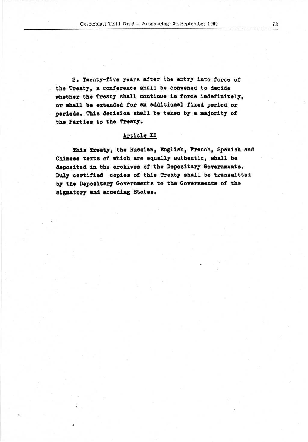 Gesetzblatt (GBl.) der Deutschen Demokratischen Republik (DDR) Teil Ⅰ 1969, Seite 73 (GBl. DDR Ⅰ 1969, S. 73)