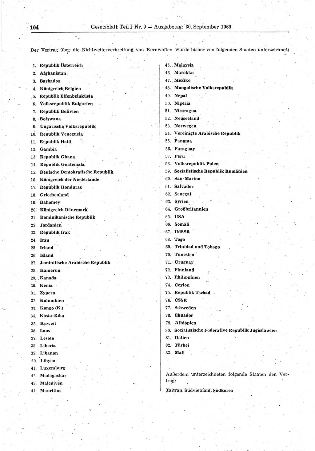 Gesetzblatt (GBl.) der Deutschen Demokratischen Republik (DDR) Teil Ⅰ 1969, Seite 104 (GBl. DDR Ⅰ 1969, S. 104)