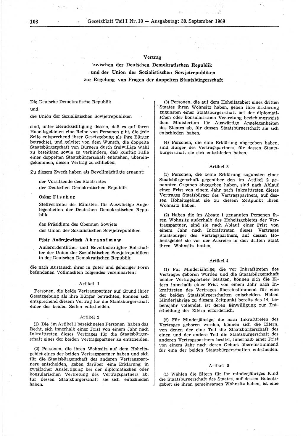 Gesetzblatt (GBl.) der Deutschen Demokratischen Republik (DDR) Teil Ⅰ 1969, Seite 108 (GBl. DDR Ⅰ 1969, S. 108)