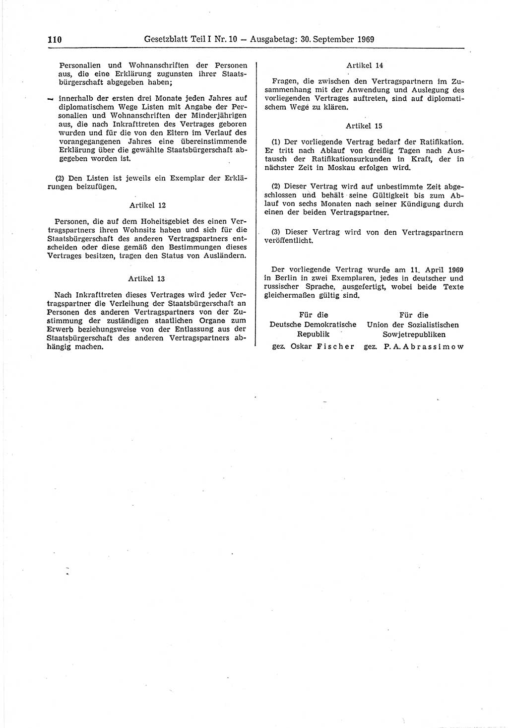 Gesetzblatt (GBl.) der Deutschen Demokratischen Republik (DDR) Teil Ⅰ 1969, Seite 110 (GBl. DDR Ⅰ 1969, S. 110)