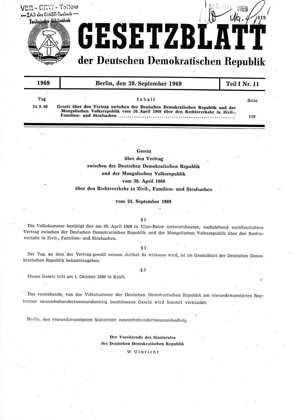 Gesetzblatt (GBl.) der Deutschen Demokratischen Republik (DDR) Teil Ⅰ 1969, Seite 119 (GBl. DDR Ⅰ 1969, S. 119)