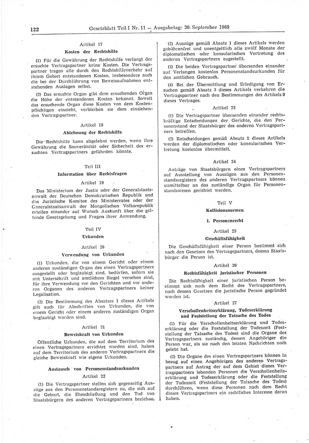 Gesetzblatt (GBl.) der Deutschen Demokratischen Republik (DDR) Teil Ⅰ 1969, Seite 122 (GBl. DDR Ⅰ 1969, S. 122)