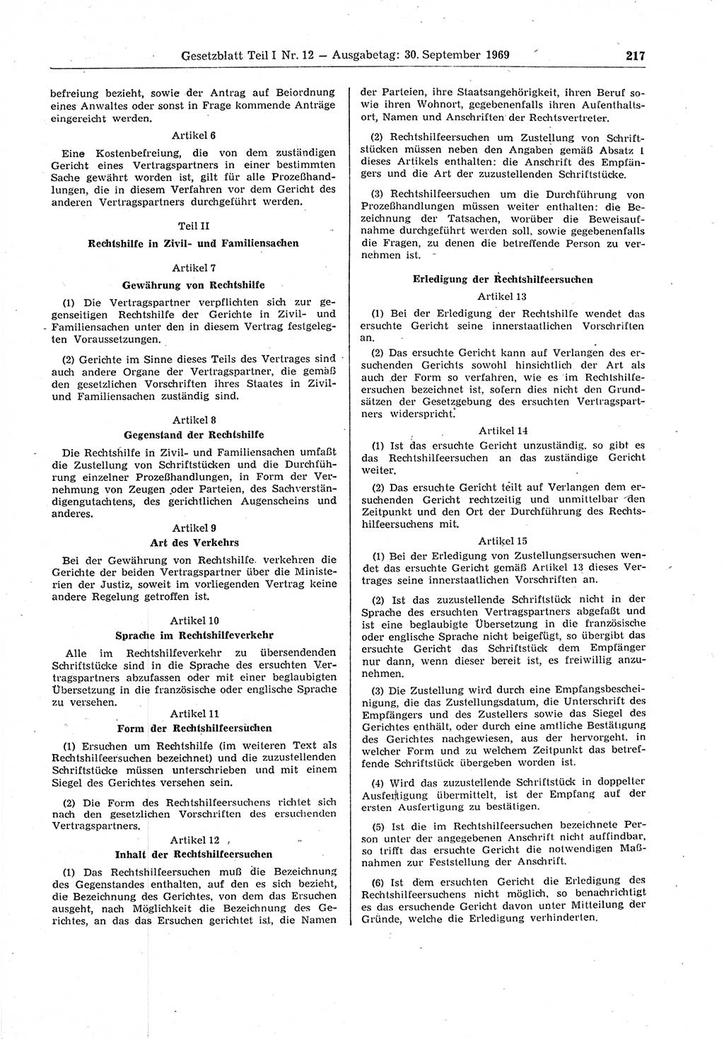 Gesetzblatt (GBl.) der Deutschen Demokratischen Republik (DDR) Teil Ⅰ 1969, Seite 217 (GBl. DDR Ⅰ 1969, S. 217)