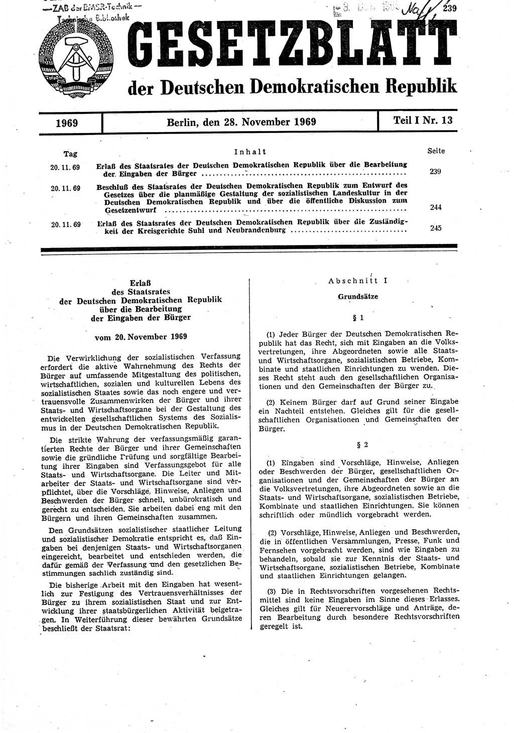 Gesetzblatt (GBl.) der Deutschen Demokratischen Republik (DDR) Teil Ⅰ 1969, Seite 239 (GBl. DDR Ⅰ 1969, S. 239)