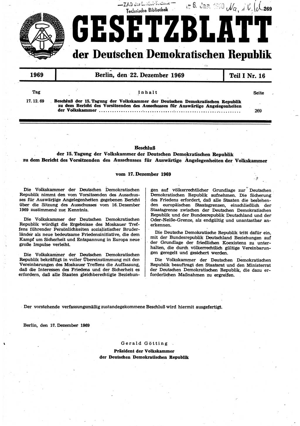 Gesetzblatt (GBl.) der Deutschen Demokratischen Republik (DDR) Teil Ⅰ 1969, Seite 269 (GBl. DDR Ⅰ 1969, S. 269)