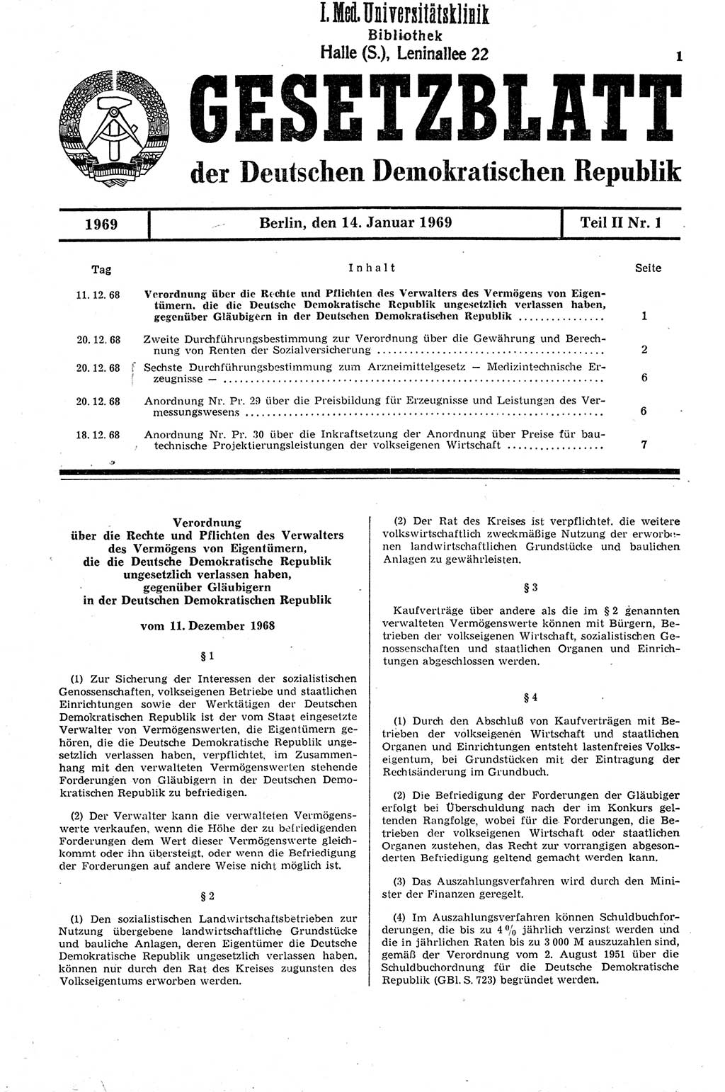 Gesetzblatt (GBl.) der Deutschen Demokratischen Republik (DDR) Teil ⅠⅠ 1969, Seite 1 (GBl. DDR ⅠⅠ 1969, S. 1)