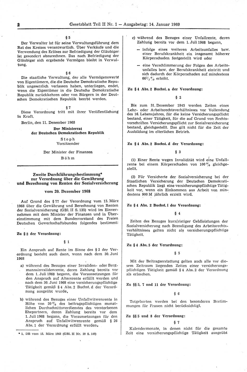 Gesetzblatt (GBl.) der Deutschen Demokratischen Republik (DDR) Teil ⅠⅠ 1969, Seite 2 (GBl. DDR ⅠⅠ 1969, S. 2)