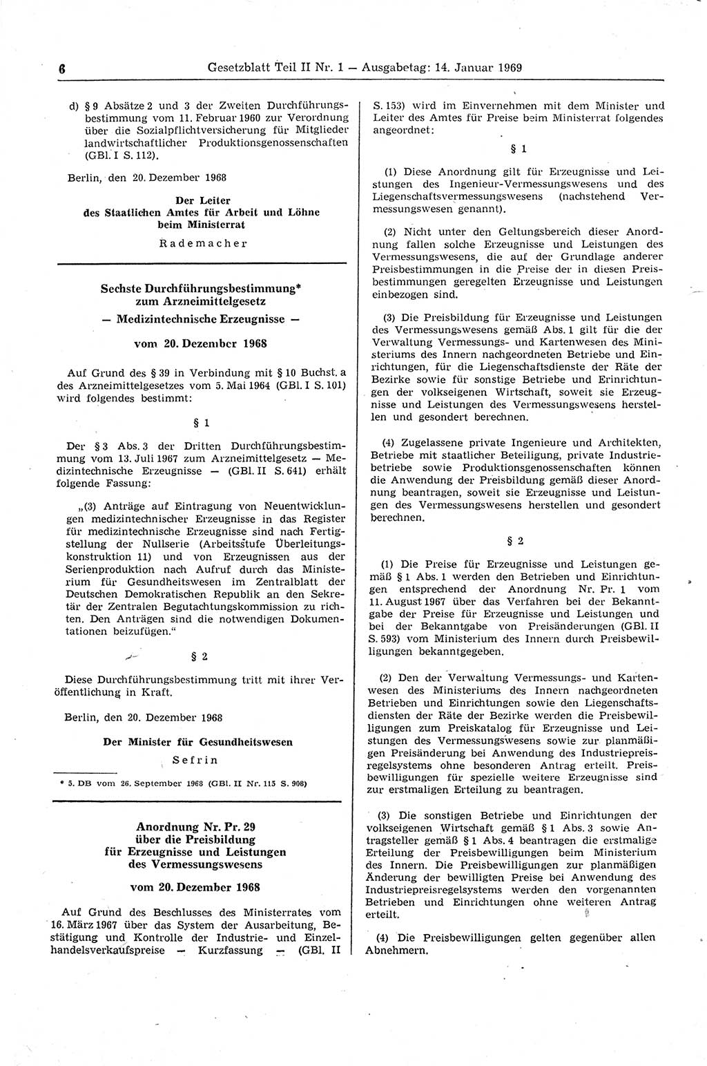 Gesetzblatt (GBl.) der Deutschen Demokratischen Republik (DDR) Teil ⅠⅠ 1969, Seite 6 (GBl. DDR ⅠⅠ 1969, S. 6)
