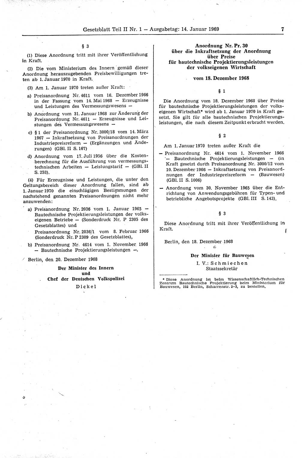 Gesetzblatt (GBl.) der Deutschen Demokratischen Republik (DDR) Teil ⅠⅠ 1969, Seite 7 (GBl. DDR ⅠⅠ 1969, S. 7)