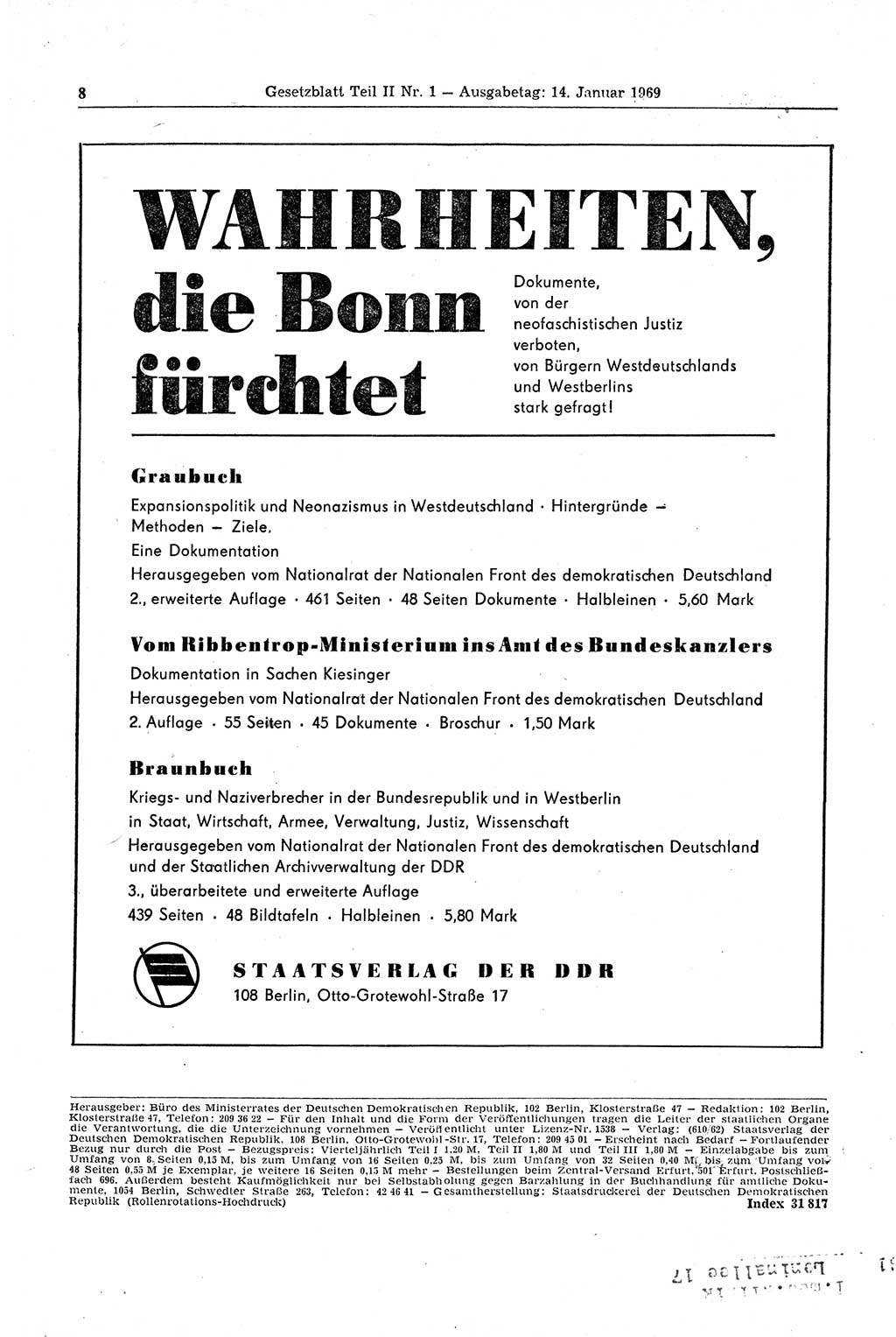 Gesetzblatt (GBl.) der Deutschen Demokratischen Republik (DDR) Teil ⅠⅠ 1969, Seite 8 (GBl. DDR ⅠⅠ 1969, S. 8)