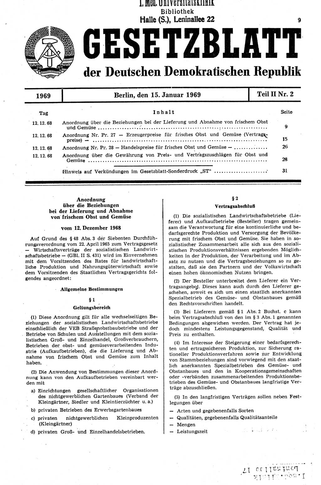 Gesetzblatt (GBl.) der Deutschen Demokratischen Republik (DDR) Teil ⅠⅠ 1969, Seite 9 (GBl. DDR ⅠⅠ 1969, S. 9)