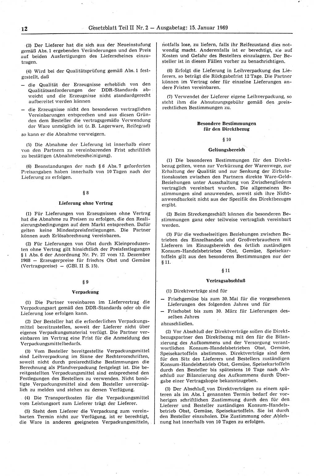 Gesetzblatt (GBl.) der Deutschen Demokratischen Republik (DDR) Teil ⅠⅠ 1969, Seite 12 (GBl. DDR ⅠⅠ 1969, S. 12)