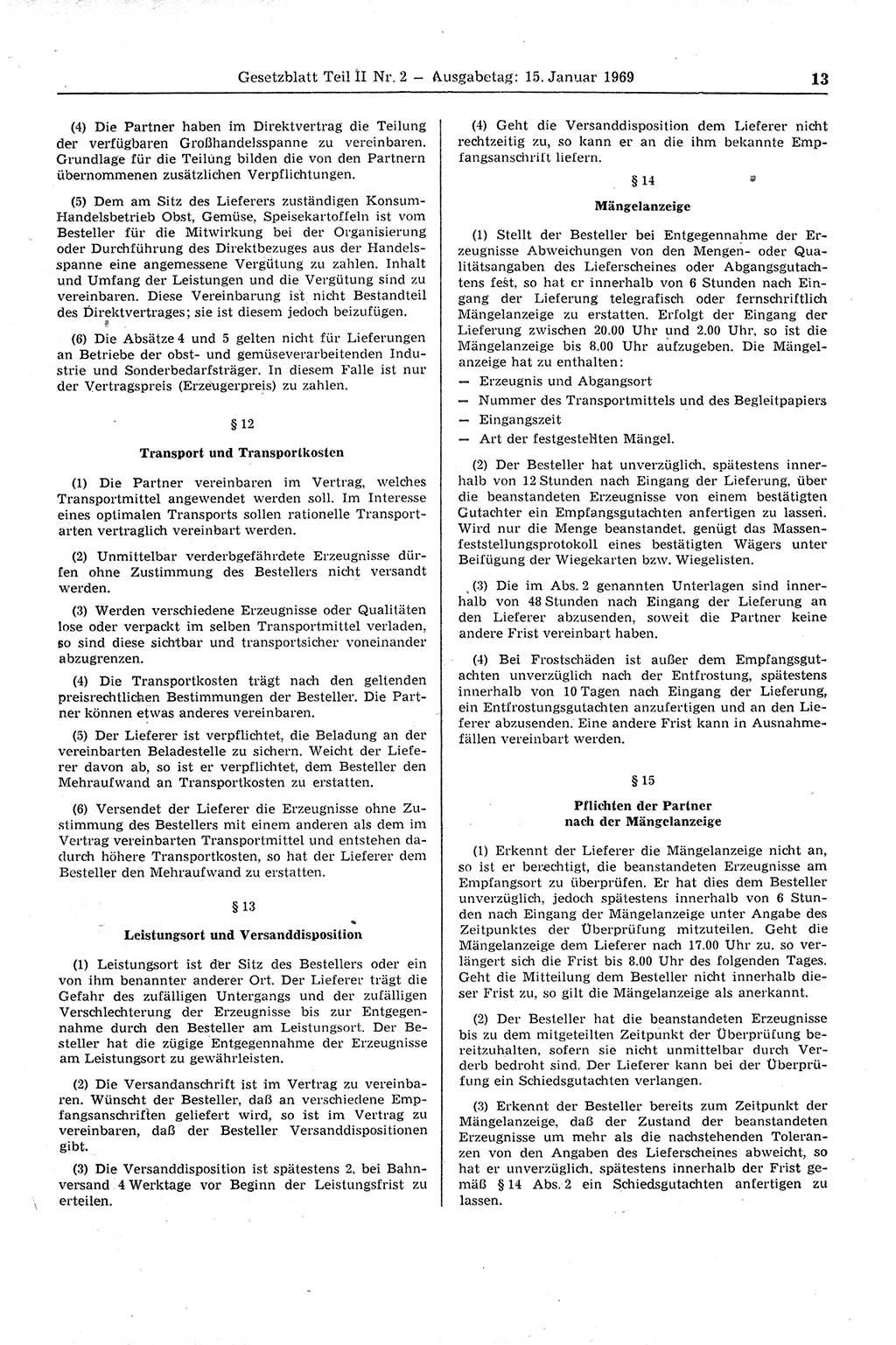 Gesetzblatt (GBl.) der Deutschen Demokratischen Republik (DDR) Teil ⅠⅠ 1969, Seite 13 (GBl. DDR ⅠⅠ 1969, S. 13)