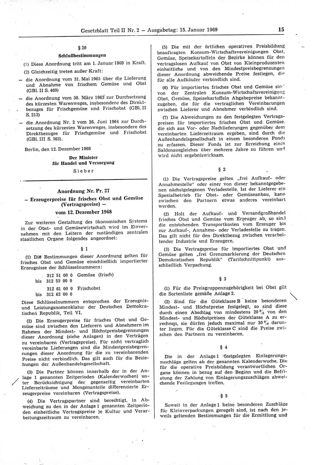 Gesetzblatt (GBl.) der Deutschen Demokratischen Republik (DDR) Teil ⅠⅠ 1969, Seite 15 (GBl. DDR ⅠⅠ 1969, S. 15)