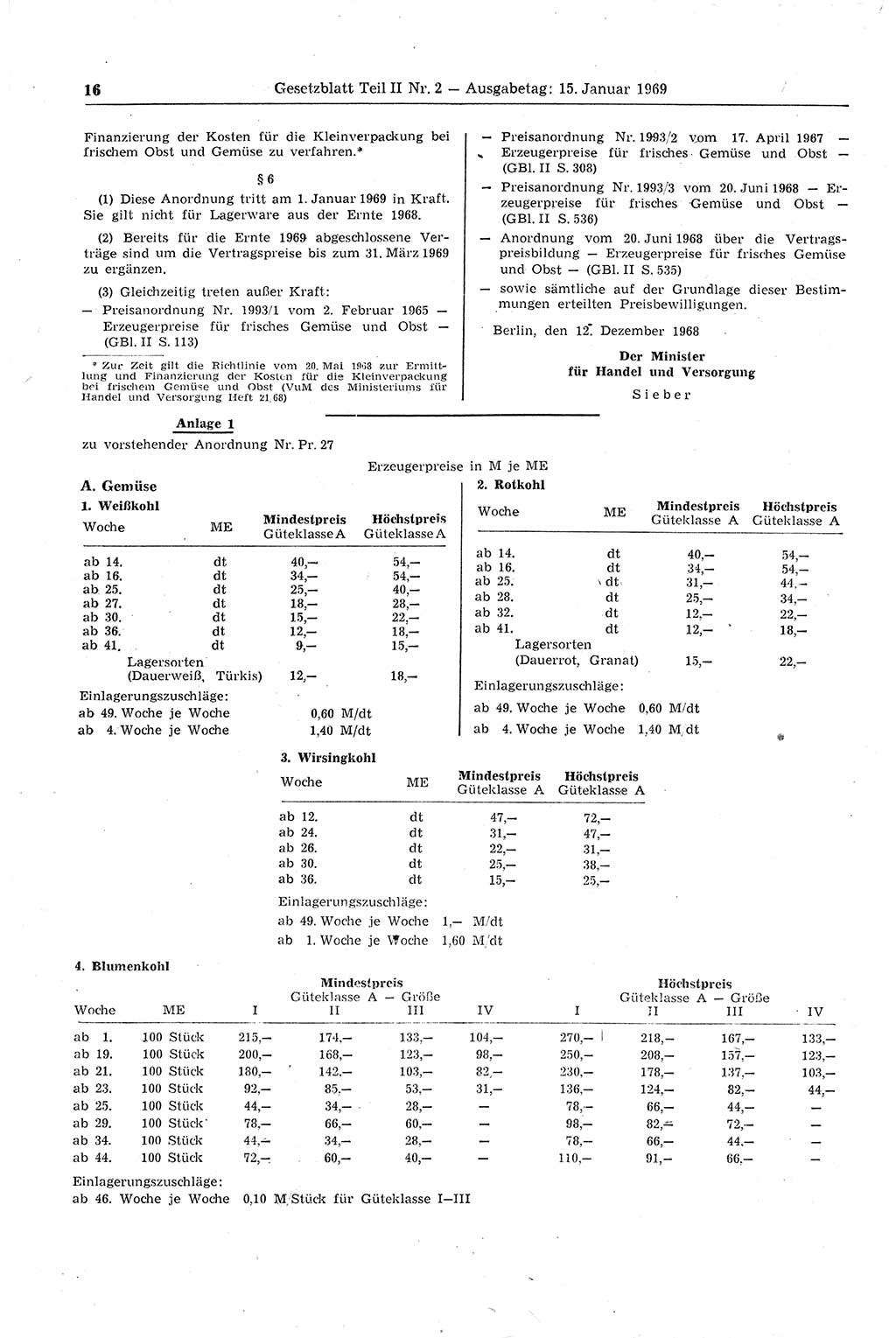 Gesetzblatt (GBl.) der Deutschen Demokratischen Republik (DDR) Teil ⅠⅠ 1969, Seite 16 (GBl. DDR ⅠⅠ 1969, S. 16)