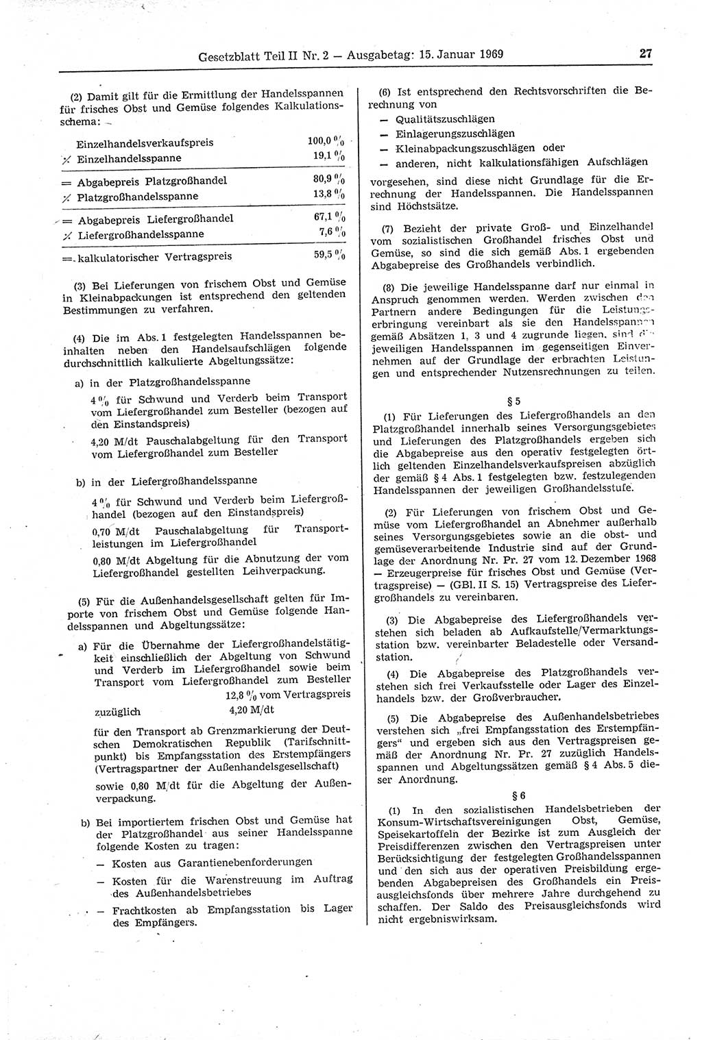 Gesetzblatt (GBl.) der Deutschen Demokratischen Republik (DDR) Teil ⅠⅠ 1969, Seite 27 (GBl. DDR ⅠⅠ 1969, S. 27)