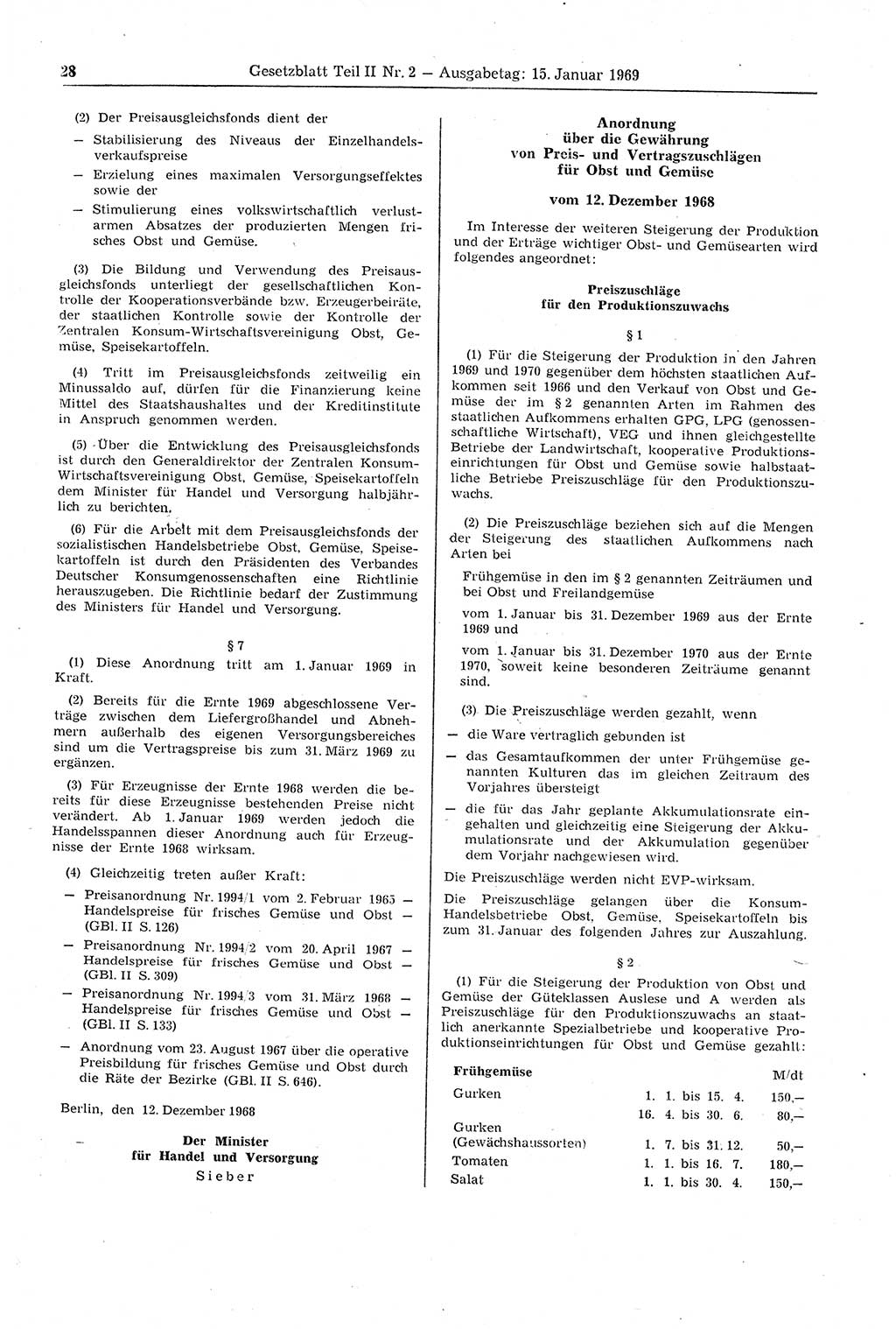 Gesetzblatt (GBl.) der Deutschen Demokratischen Republik (DDR) Teil ⅠⅠ 1969, Seite 28 (GBl. DDR ⅠⅠ 1969, S. 28)