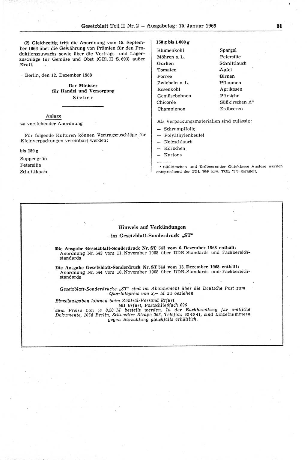 Gesetzblatt (GBl.) der Deutschen Demokratischen Republik (DDR) Teil ⅠⅠ 1969, Seite 31 (GBl. DDR ⅠⅠ 1969, S. 31)