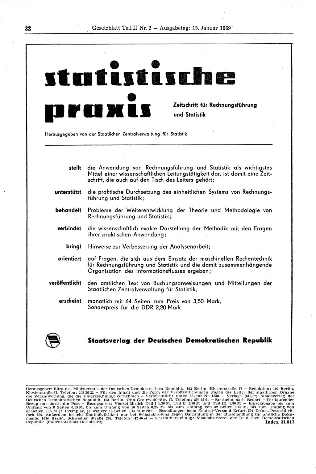 Gesetzblatt (GBl.) der Deutschen Demokratischen Republik (DDR) Teil ⅠⅠ 1969, Seite 32 (GBl. DDR ⅠⅠ 1969, S. 32)