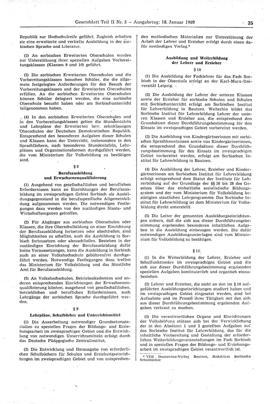 Gesetzblatt (GBl.) der Deutschen Demokratischen Republik (DDR) Teil ⅠⅠ 1969, Seite 35 (GBl. DDR ⅠⅠ 1969, S. 35)