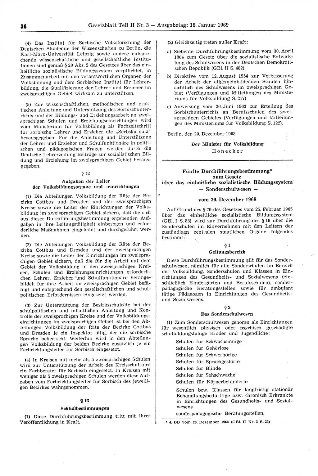 Gesetzblatt (GBl.) der Deutschen Demokratischen Republik (DDR) Teil ⅠⅠ 1969, Seite 36 (GBl. DDR ⅠⅠ 1969, S. 36)