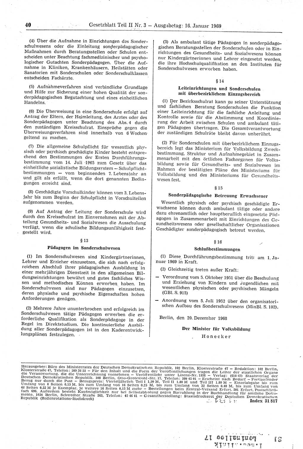 Gesetzblatt (GBl.) der Deutschen Demokratischen Republik (DDR) Teil ⅠⅠ 1969, Seite 40 (GBl. DDR ⅠⅠ 1969, S. 40)