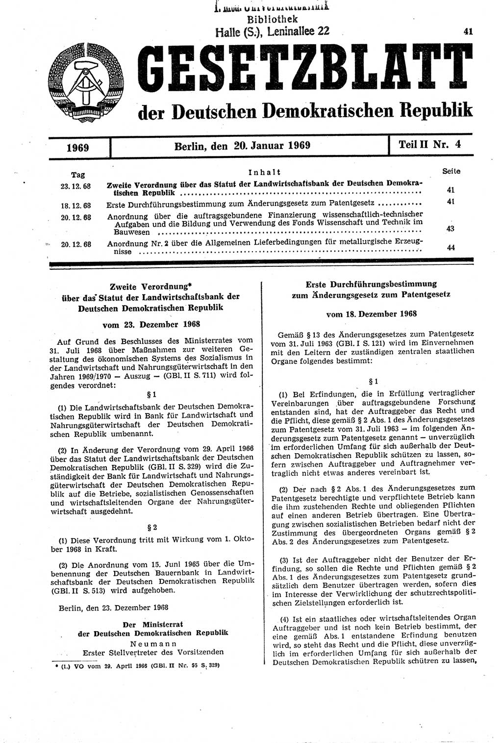 Gesetzblatt (GBl.) der Deutschen Demokratischen Republik (DDR) Teil ⅠⅠ 1969, Seite 41 (GBl. DDR ⅠⅠ 1969, S. 41)