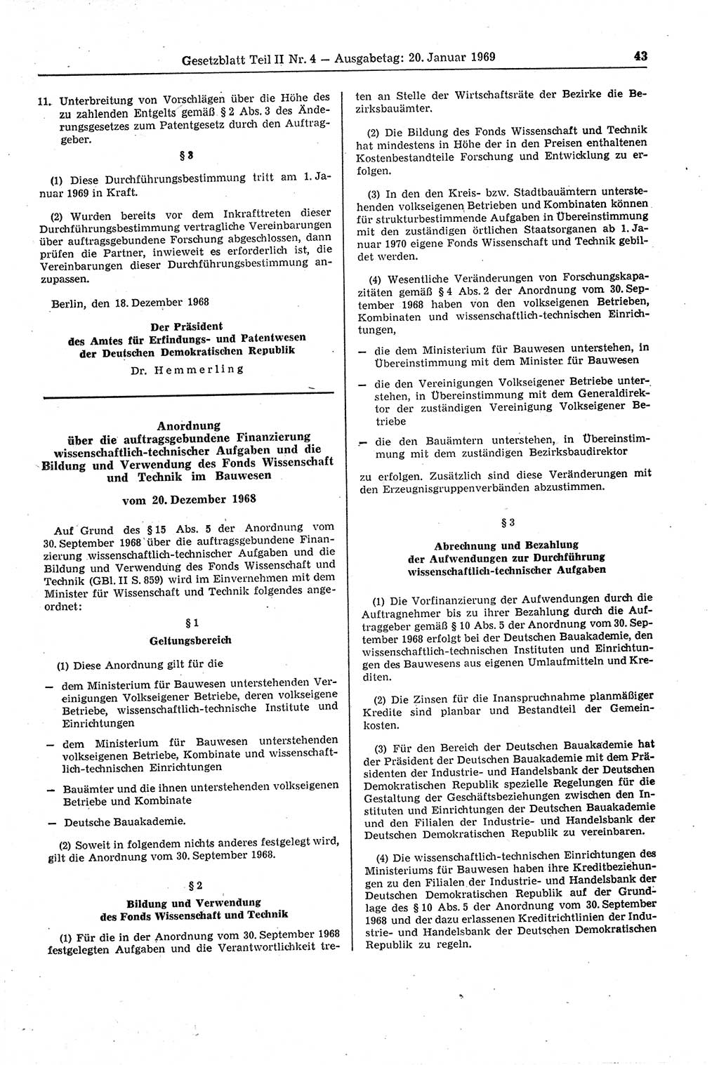 Gesetzblatt (GBl.) der Deutschen Demokratischen Republik (DDR) Teil ⅠⅠ 1969, Seite 43 (GBl. DDR ⅠⅠ 1969, S. 43)