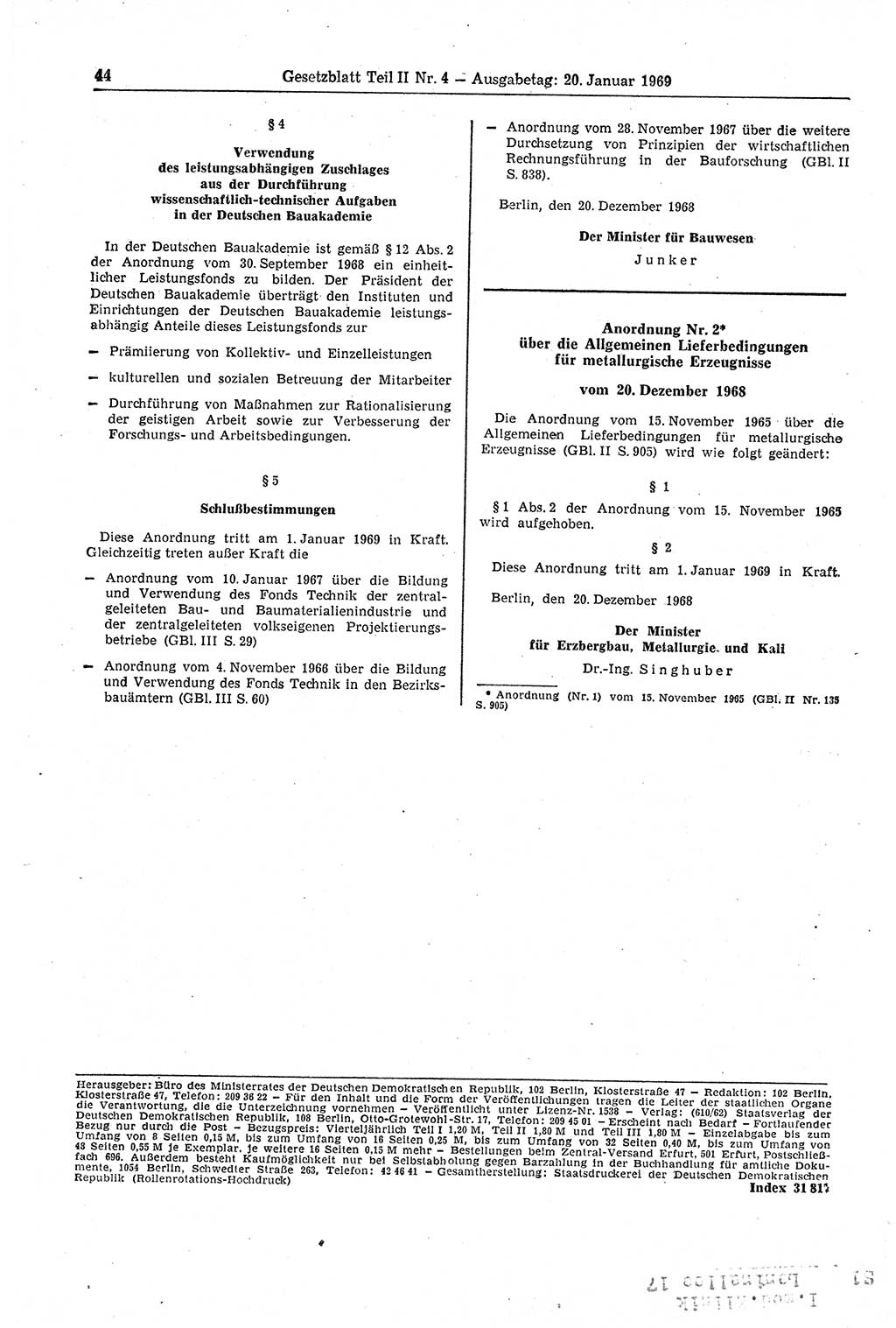 Gesetzblatt (GBl.) der Deutschen Demokratischen Republik (DDR) Teil ⅠⅠ 1969, Seite 44 (GBl. DDR ⅠⅠ 1969, S. 44)