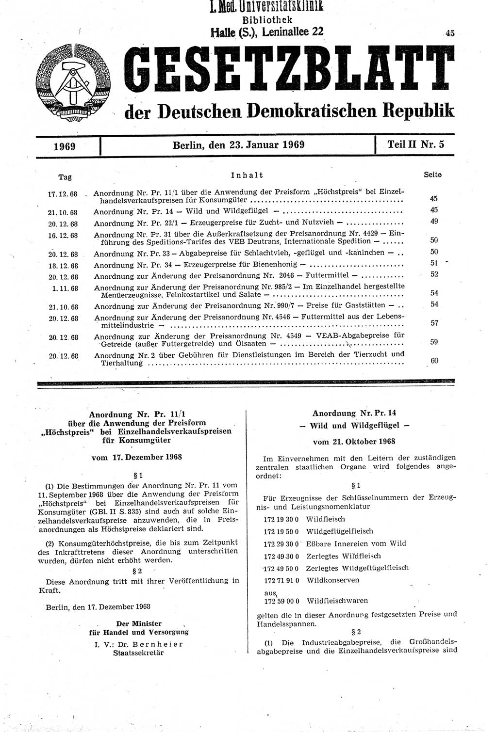 Gesetzblatt (GBl.) der Deutschen Demokratischen Republik (DDR) Teil ⅠⅠ 1969, Seite 45 (GBl. DDR ⅠⅠ 1969, S. 45)