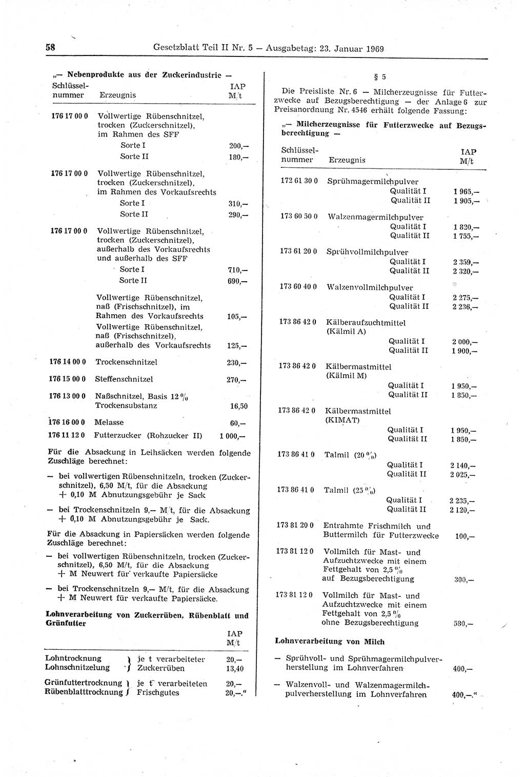Gesetzblatt (GBl.) der Deutschen Demokratischen Republik (DDR) Teil ⅠⅠ 1969, Seite 58 (GBl. DDR ⅠⅠ 1969, S. 58)
