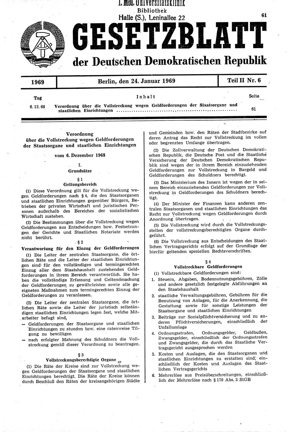 Gesetzblatt (GBl.) der Deutschen Demokratischen Republik (DDR) Teil ⅠⅠ 1969, Seite 61 (GBl. DDR ⅠⅠ 1969, S. 61)