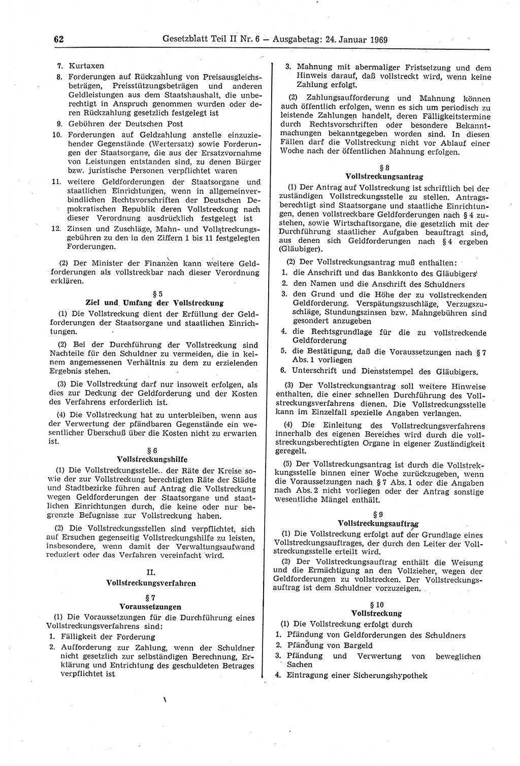 Gesetzblatt (GBl.) der Deutschen Demokratischen Republik (DDR) Teil ⅠⅠ 1969, Seite 62 (GBl. DDR ⅠⅠ 1969, S. 62)