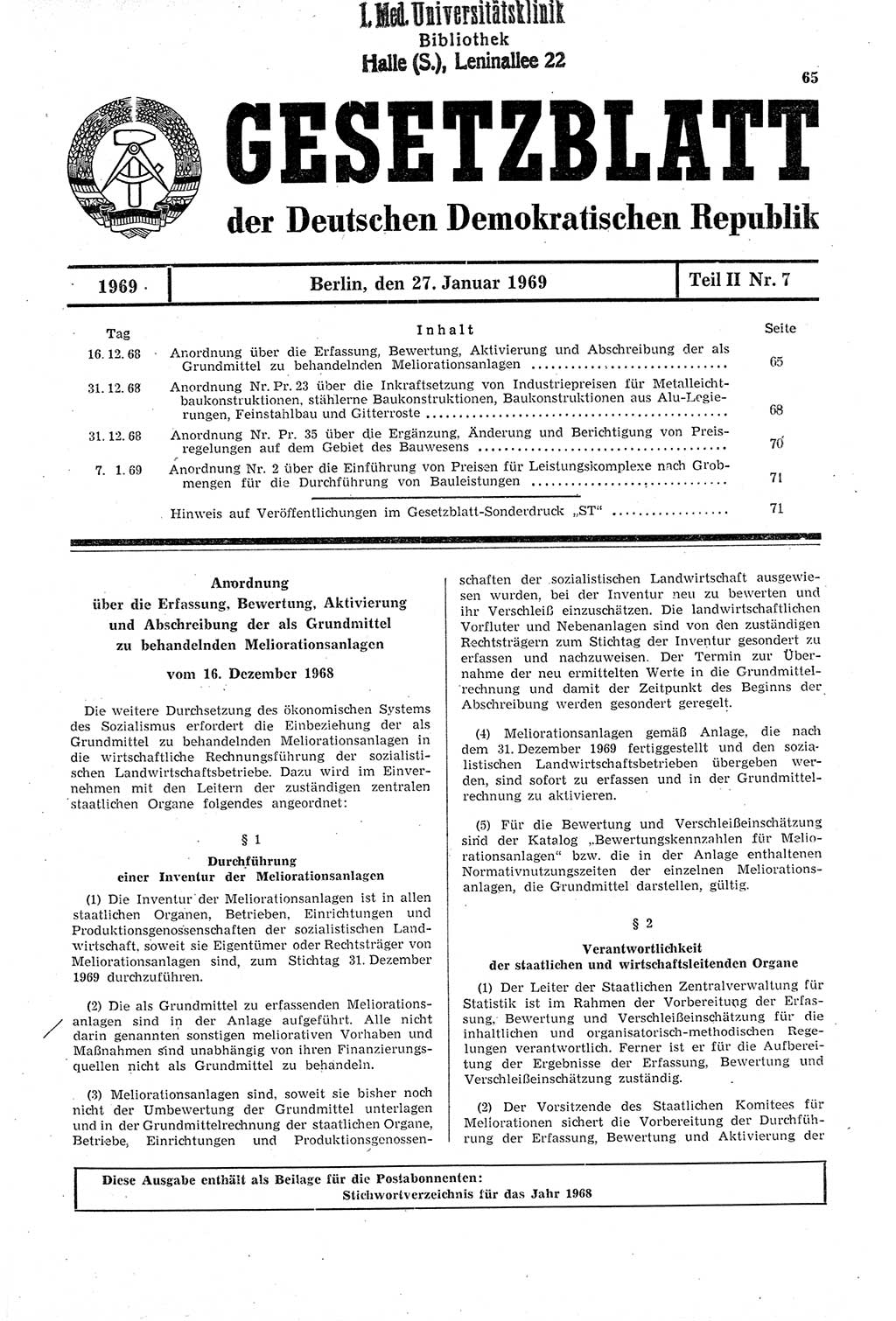 Gesetzblatt (GBl.) der Deutschen Demokratischen Republik (DDR) Teil ⅠⅠ 1969, Seite 65 (GBl. DDR ⅠⅠ 1969, S. 65)