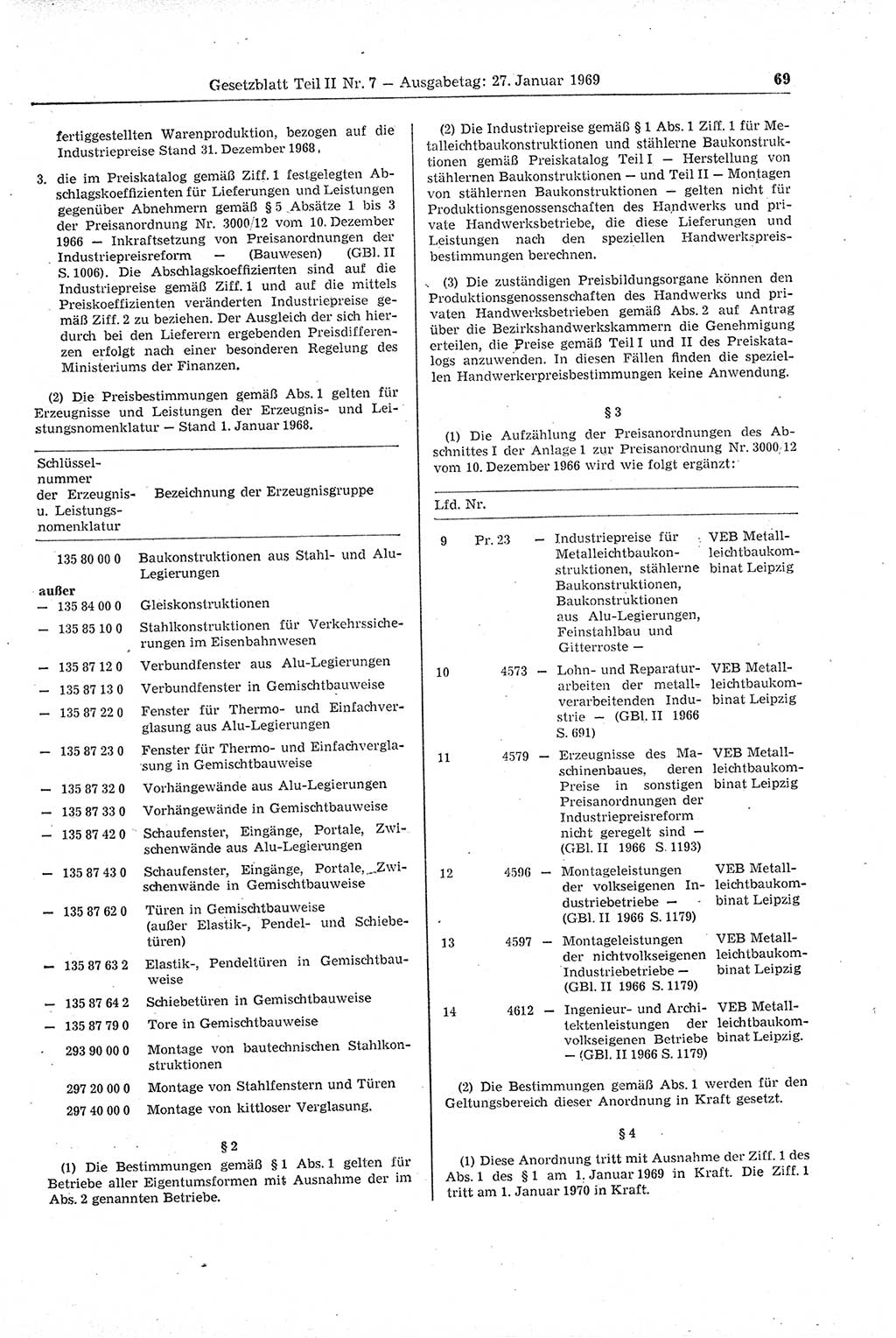 Gesetzblatt (GBl.) der Deutschen Demokratischen Republik (DDR) Teil ⅠⅠ 1969, Seite 69 (GBl. DDR ⅠⅠ 1969, S. 69)