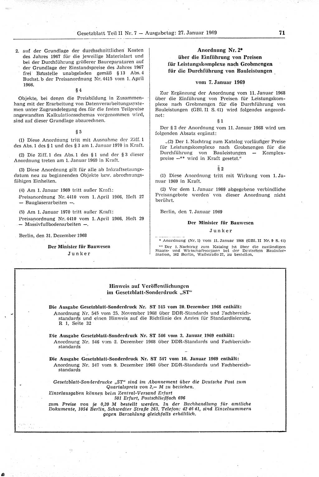 Gesetzblatt (GBl.) der Deutschen Demokratischen Republik (DDR) Teil ⅠⅠ 1969, Seite 71 (GBl. DDR ⅠⅠ 1969, S. 71)