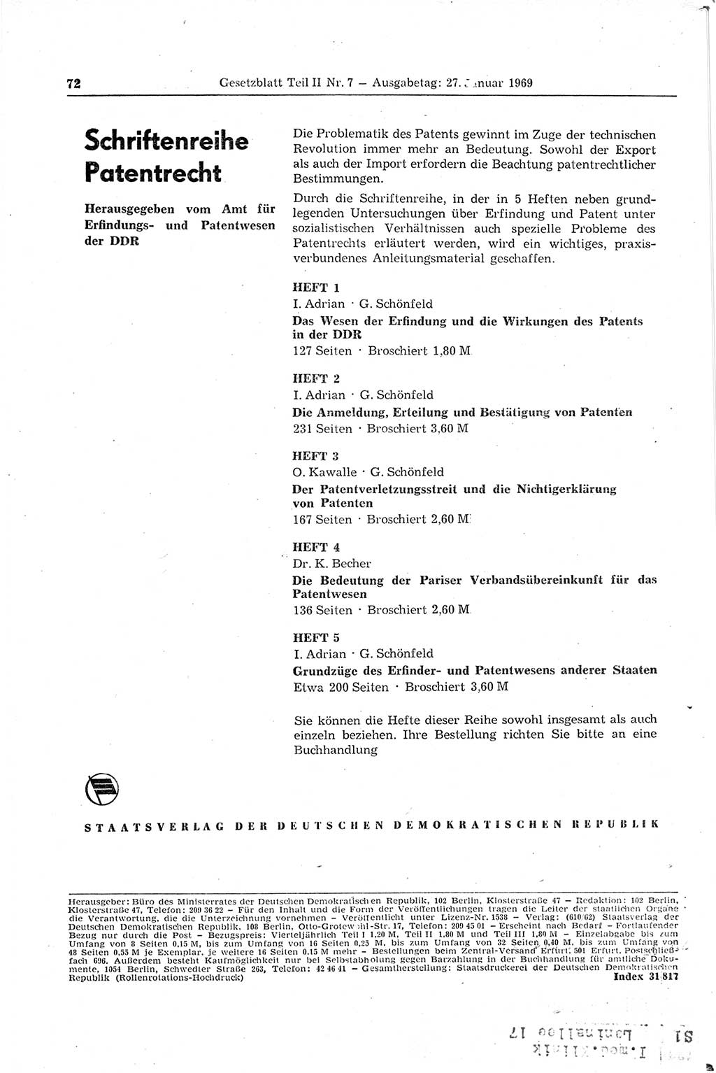 Gesetzblatt (GBl.) der Deutschen Demokratischen Republik (DDR) Teil ⅠⅠ 1969, Seite 72 (GBl. DDR ⅠⅠ 1969, S. 72)