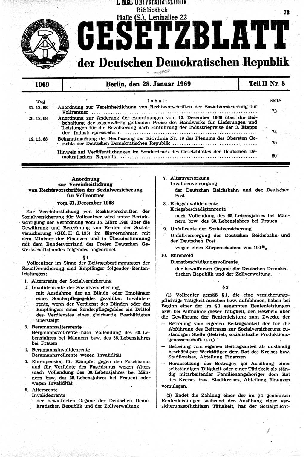 Gesetzblatt (GBl.) der Deutschen Demokratischen Republik (DDR) Teil ⅠⅠ 1969, Seite 73 (GBl. DDR ⅠⅠ 1969, S. 73)