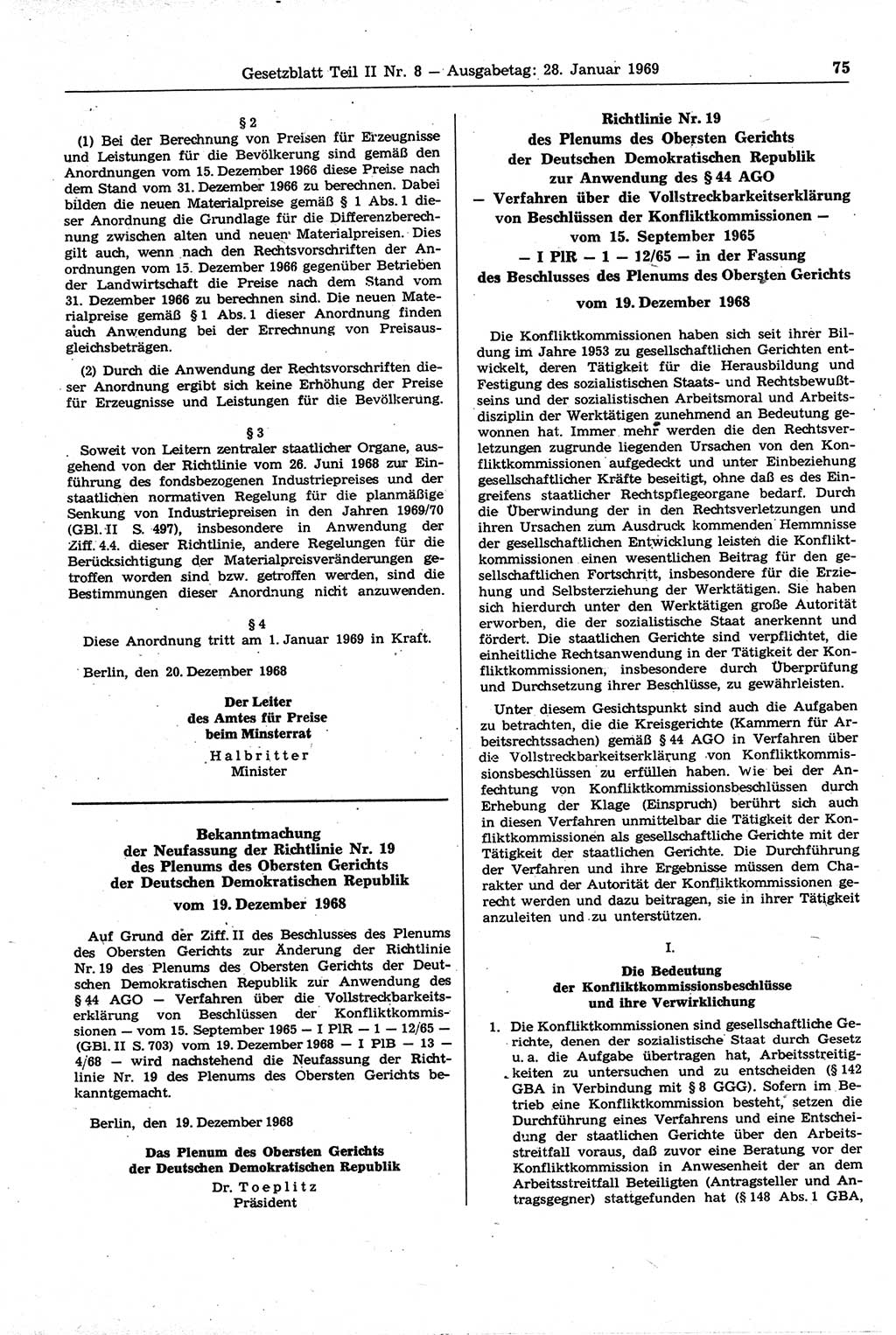 Gesetzblatt (GBl.) der Deutschen Demokratischen Republik (DDR) Teil ⅠⅠ 1969, Seite 75 (GBl. DDR ⅠⅠ 1969, S. 75)
