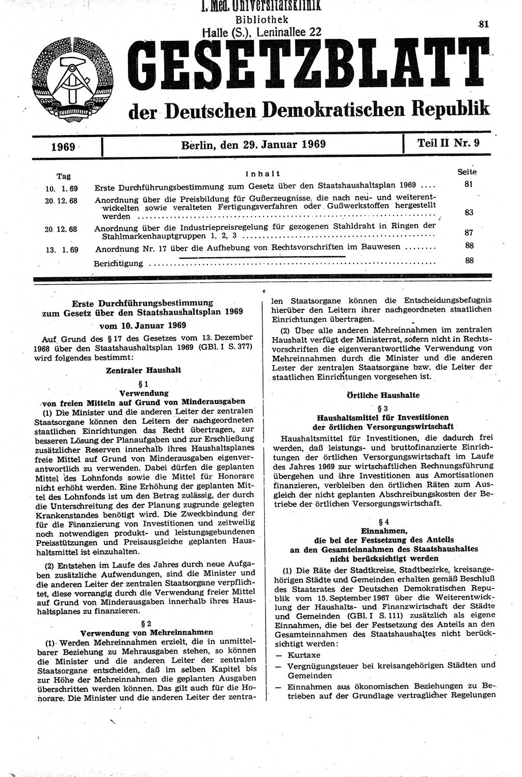 Gesetzblatt (GBl.) der Deutschen Demokratischen Republik (DDR) Teil ⅠⅠ 1969, Seite 81 (GBl. DDR ⅠⅠ 1969, S. 81)