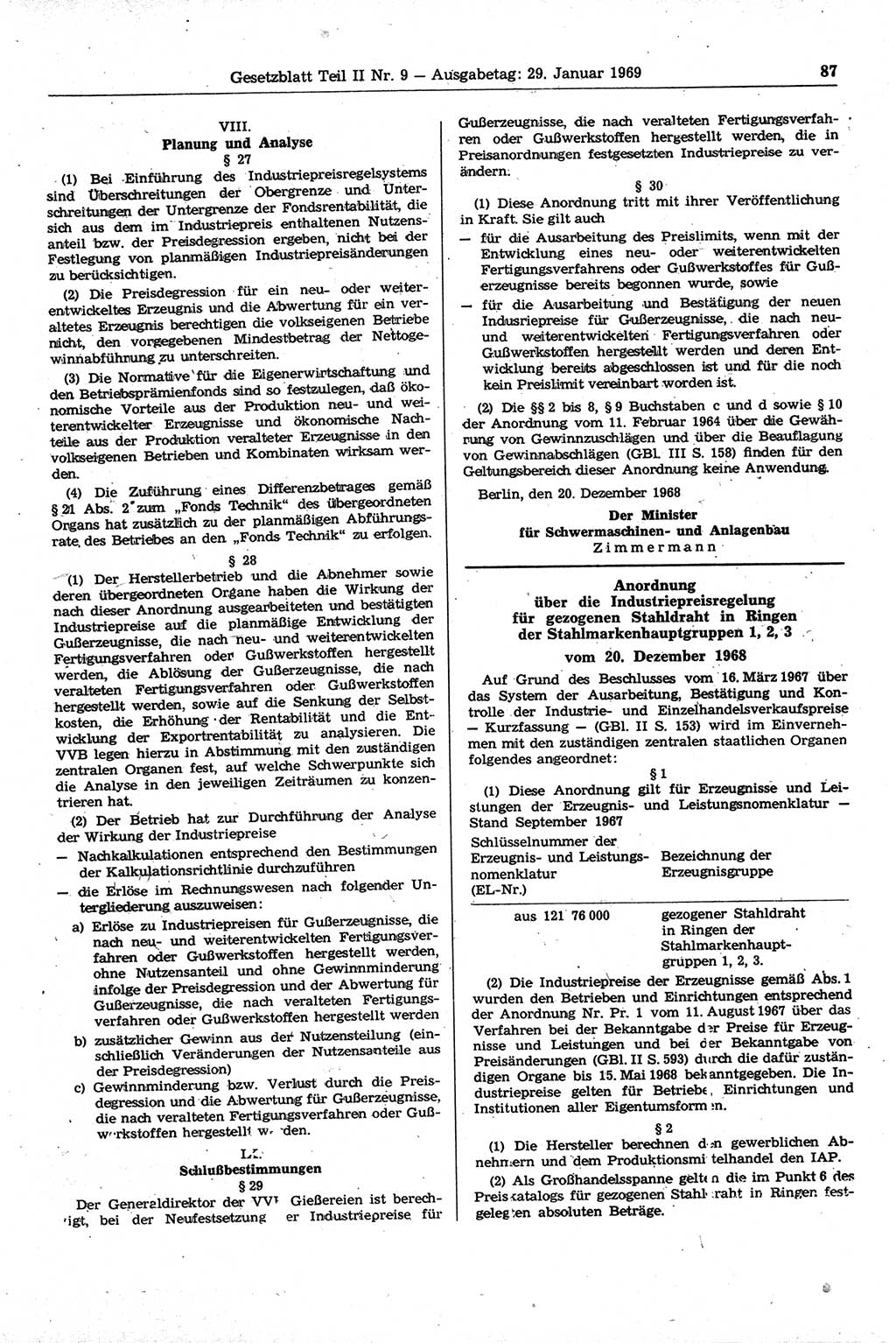 Gesetzblatt (GBl.) der Deutschen Demokratischen Republik (DDR) Teil ⅠⅠ 1969, Seite 87 (GBl. DDR ⅠⅠ 1969, S. 87)