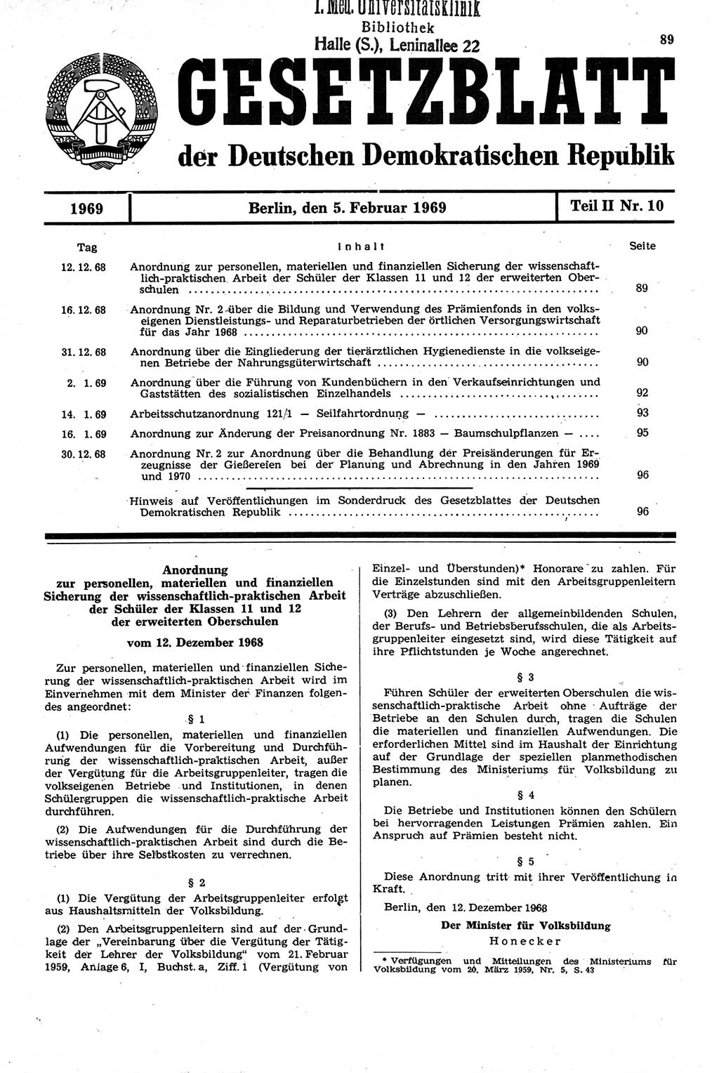 Gesetzblatt (GBl.) der Deutschen Demokratischen Republik (DDR) Teil ⅠⅠ 1969, Seite 89 (GBl. DDR ⅠⅠ 1969, S. 89)