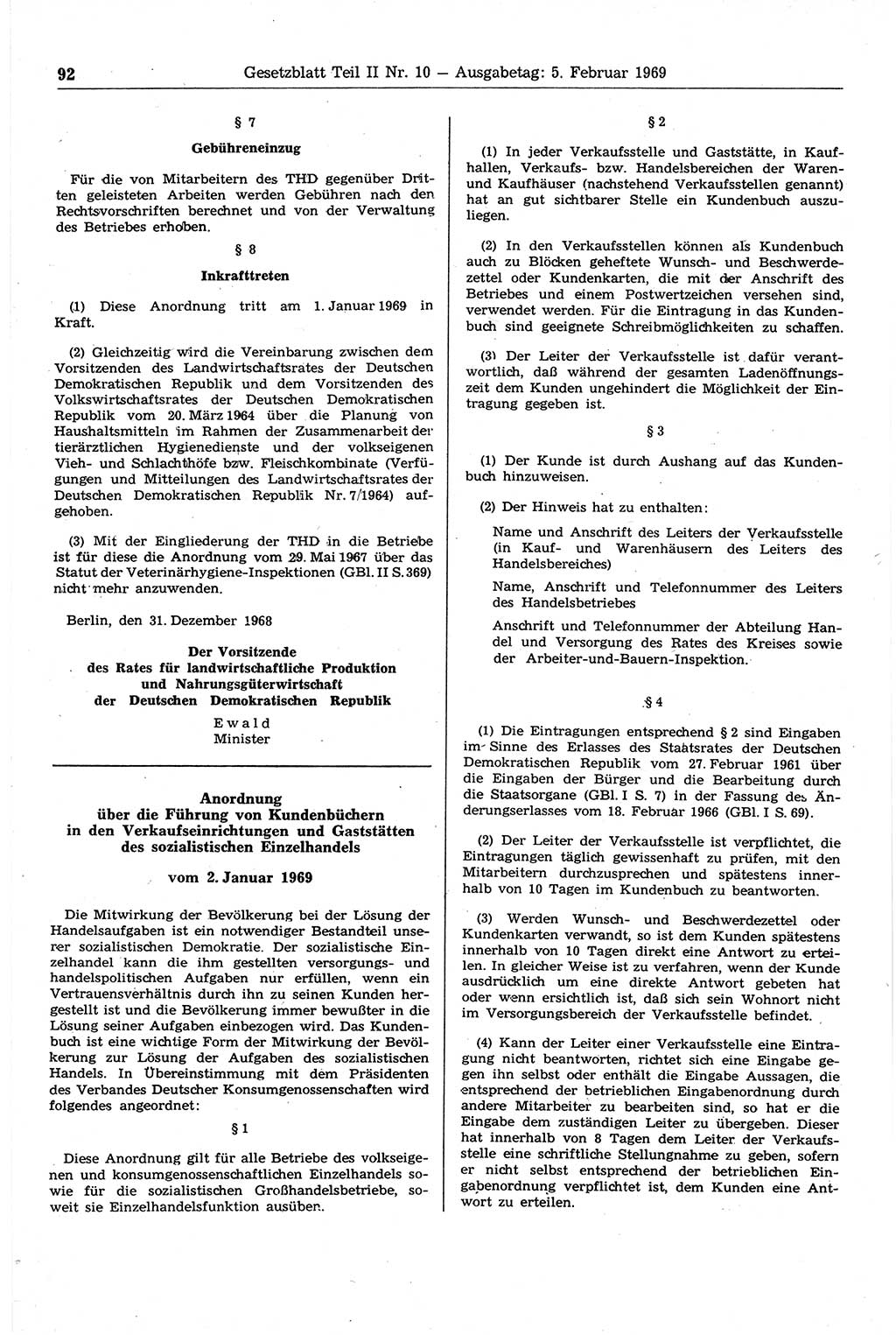 Gesetzblatt (GBl.) der Deutschen Demokratischen Republik (DDR) Teil ⅠⅠ 1969, Seite 92 (GBl. DDR ⅠⅠ 1969, S. 92)