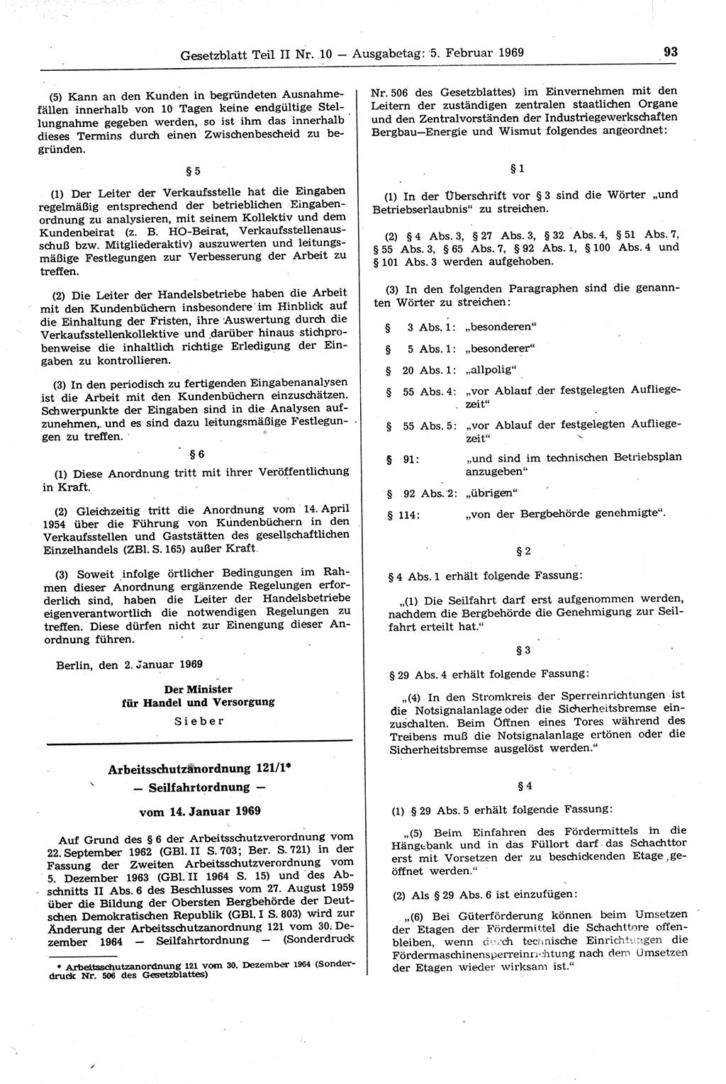 Gesetzblatt (GBl.) der Deutschen Demokratischen Republik (DDR) Teil ⅠⅠ 1969, Seite 93 (GBl. DDR ⅠⅠ 1969, S. 93)