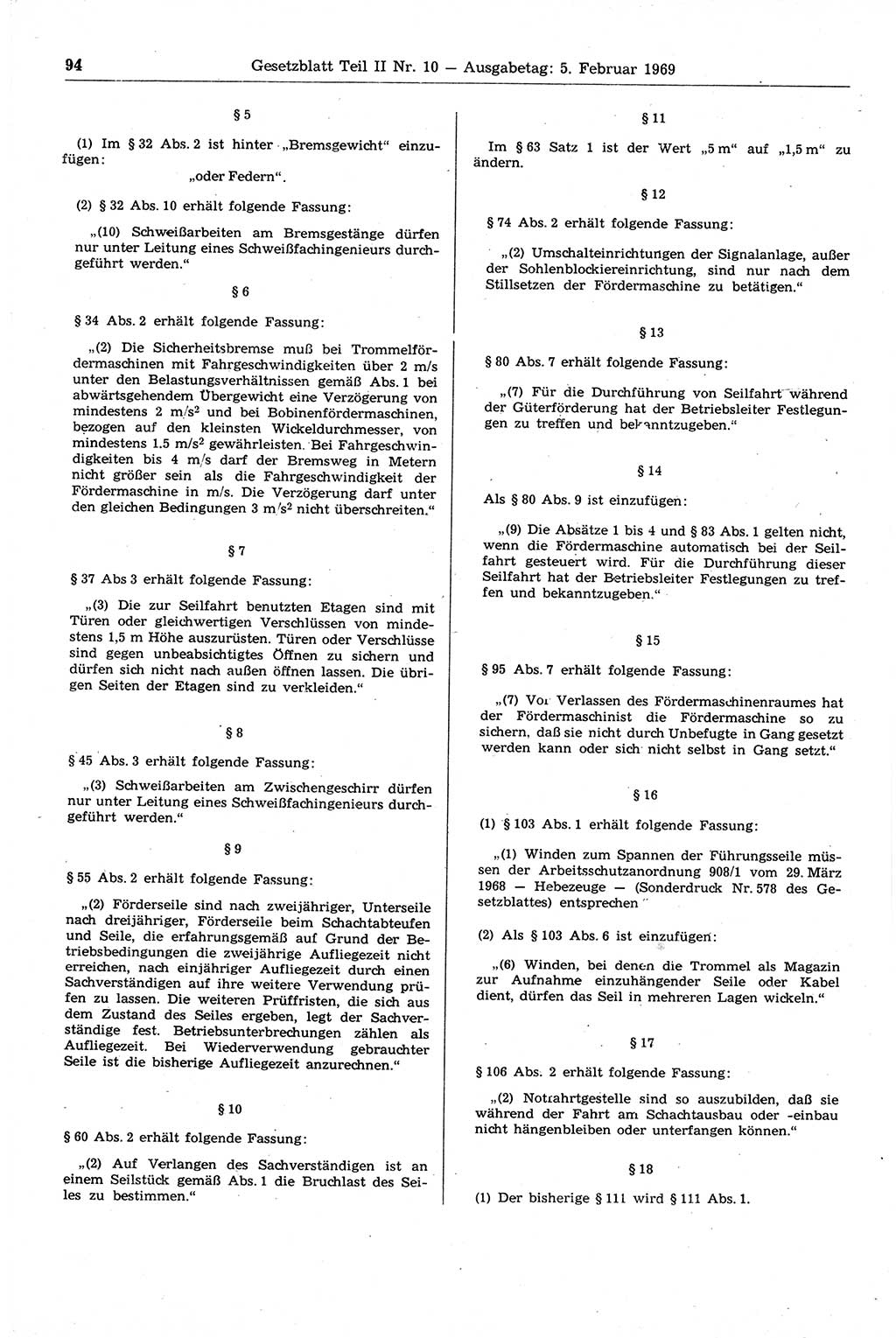 Gesetzblatt (GBl.) der Deutschen Demokratischen Republik (DDR) Teil ⅠⅠ 1969, Seite 94 (GBl. DDR ⅠⅠ 1969, S. 94)