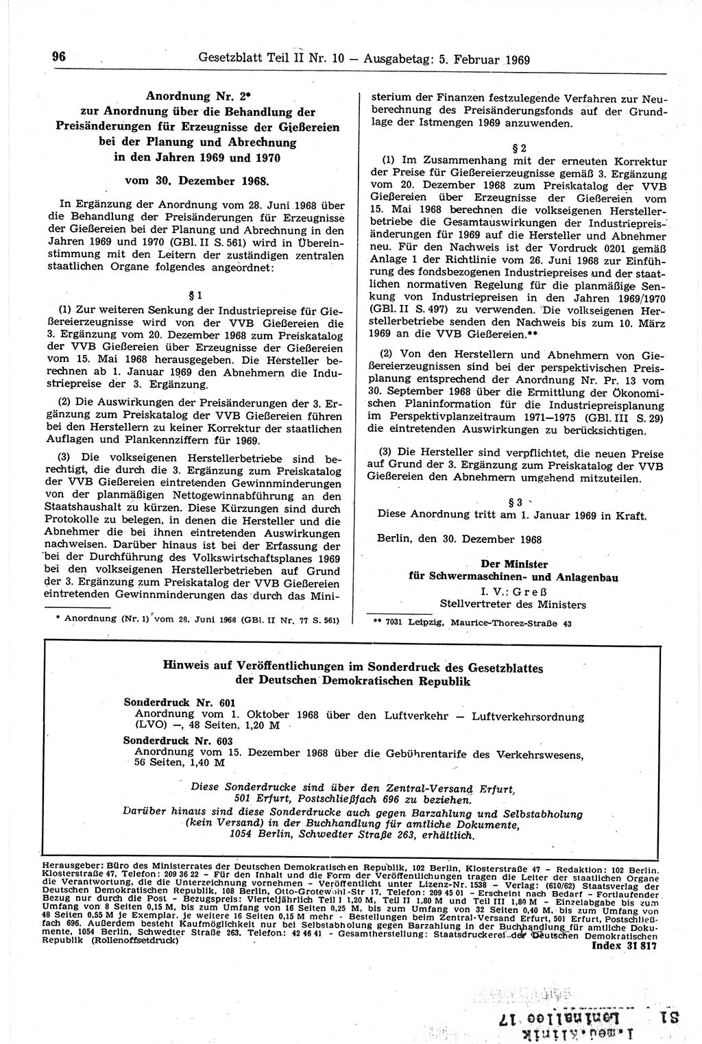 Gesetzblatt (GBl.) der Deutschen Demokratischen Republik (DDR) Teil ⅠⅠ 1969, Seite 96 (GBl. DDR ⅠⅠ 1969, S. 96)