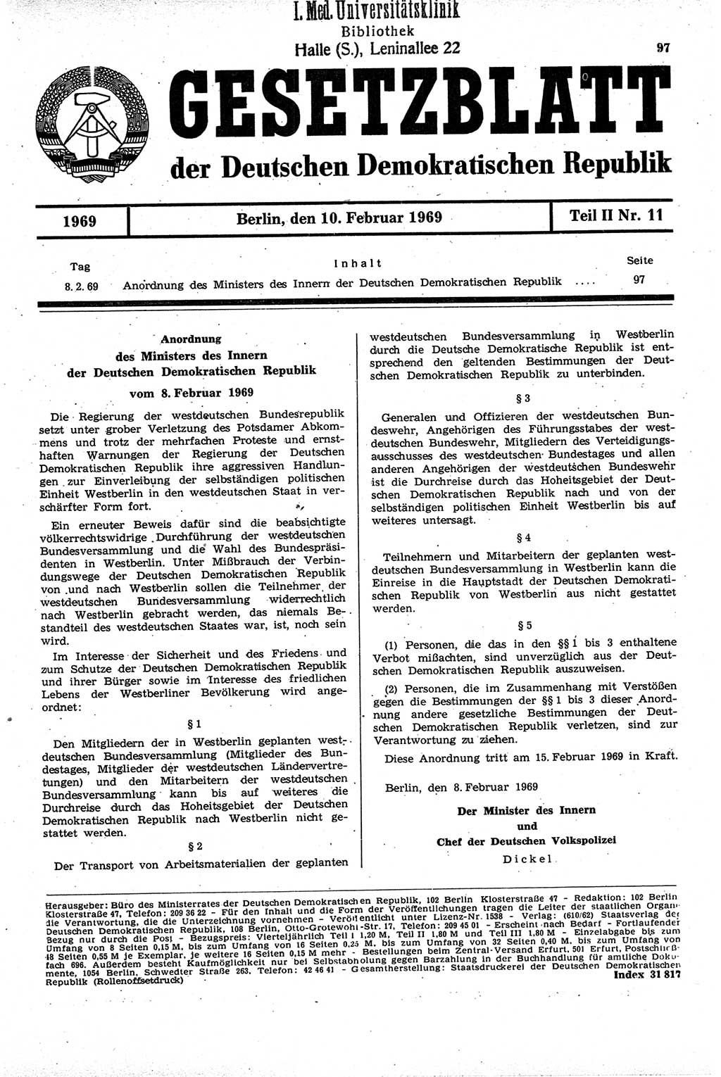 Gesetzblatt (GBl.) der Deutschen Demokratischen Republik (DDR) Teil ⅠⅠ 1969, Seite 97 (GBl. DDR ⅠⅠ 1969, S. 97)