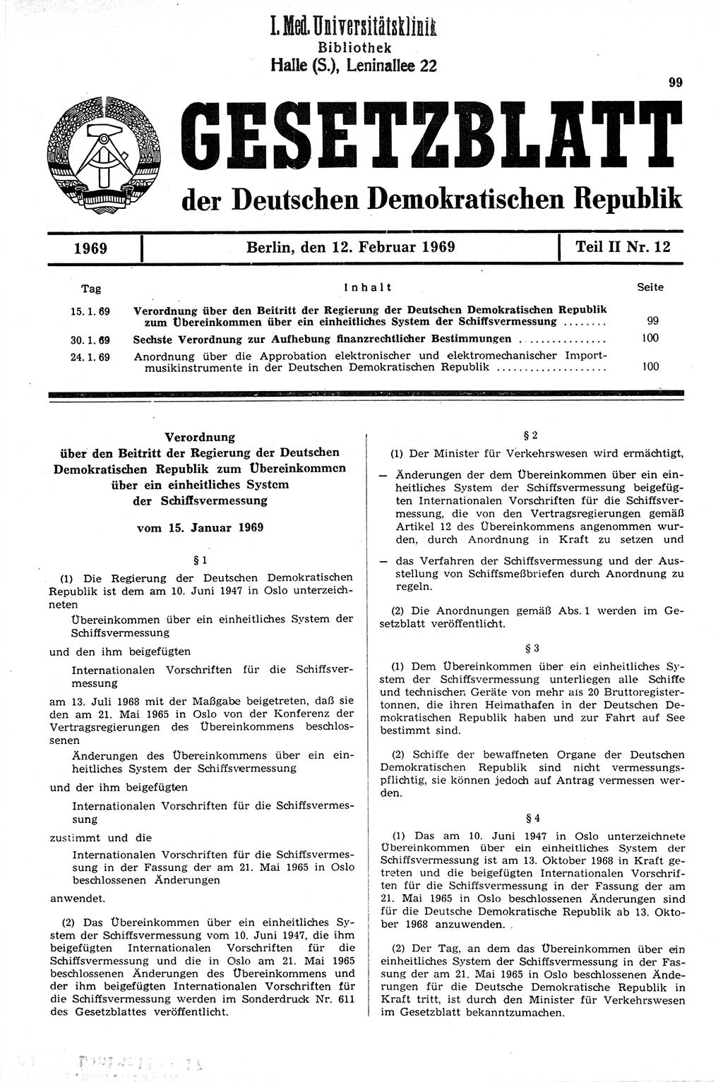 Gesetzblatt (GBl.) der Deutschen Demokratischen Republik (DDR) Teil ⅠⅠ 1969, Seite 99 (GBl. DDR ⅠⅠ 1969, S. 99)