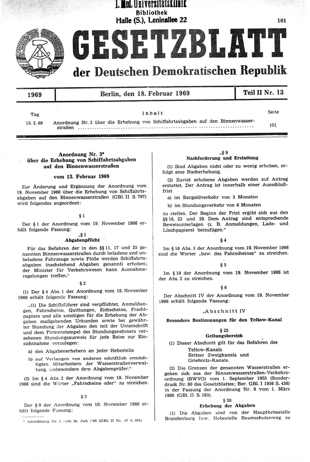 Gesetzblatt (GBl.) der Deutschen Demokratischen Republik (DDR) Teil ⅠⅠ 1969, Seite 101 (GBl. DDR ⅠⅠ 1969, S. 101)
