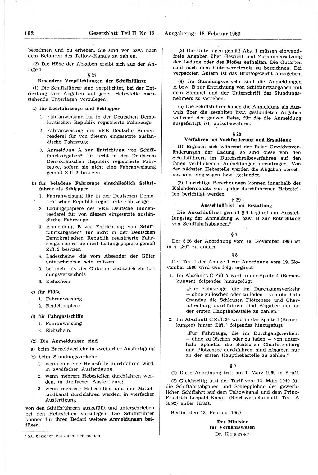 Gesetzblatt (GBl.) der Deutschen Demokratischen Republik (DDR) Teil ⅠⅠ 1969, Seite 102 (GBl. DDR ⅠⅠ 1969, S. 102)